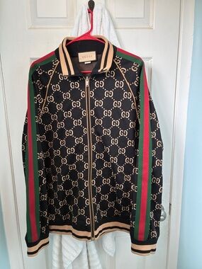 Gucci Black & Beige GG Zip-Up Track Jacket with Red & Green Stripes